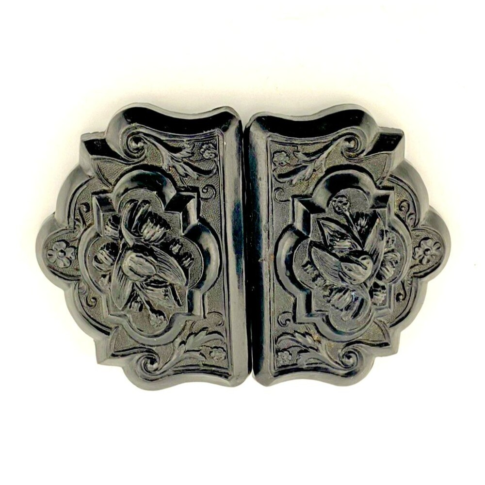 Antique Victorian Whitby Jet Lily of the Valley Sash Belt Buckle Carved